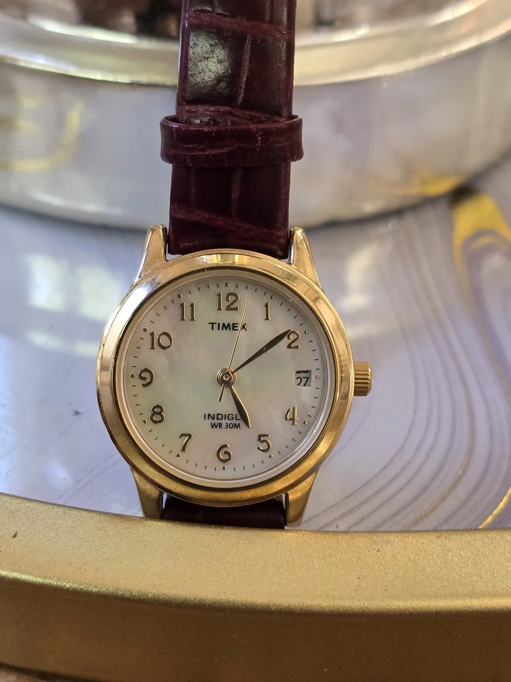 Timex Women's Gold Case Watch with Burgundy Leather Strap